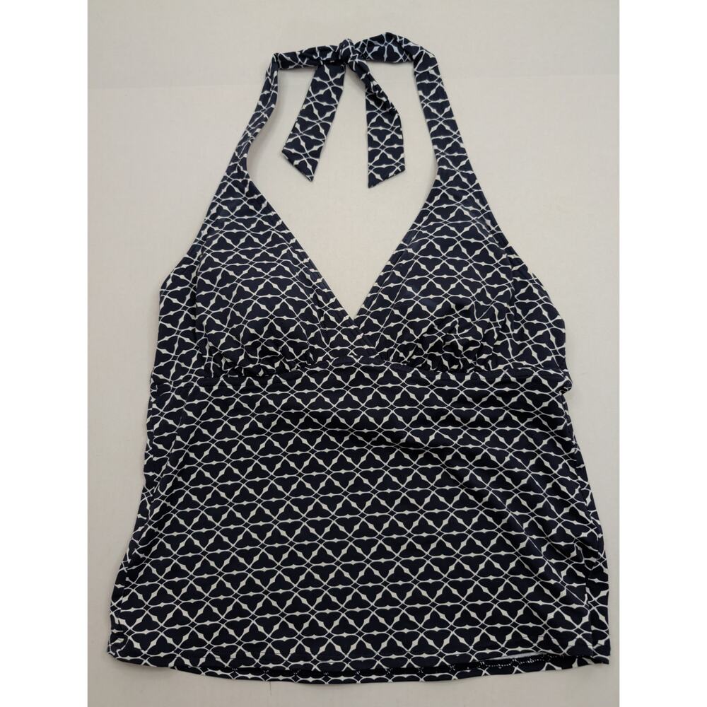 Lands' End Tankini Swim Top Navy Blue White Halter Straps Built in Bra Size 8